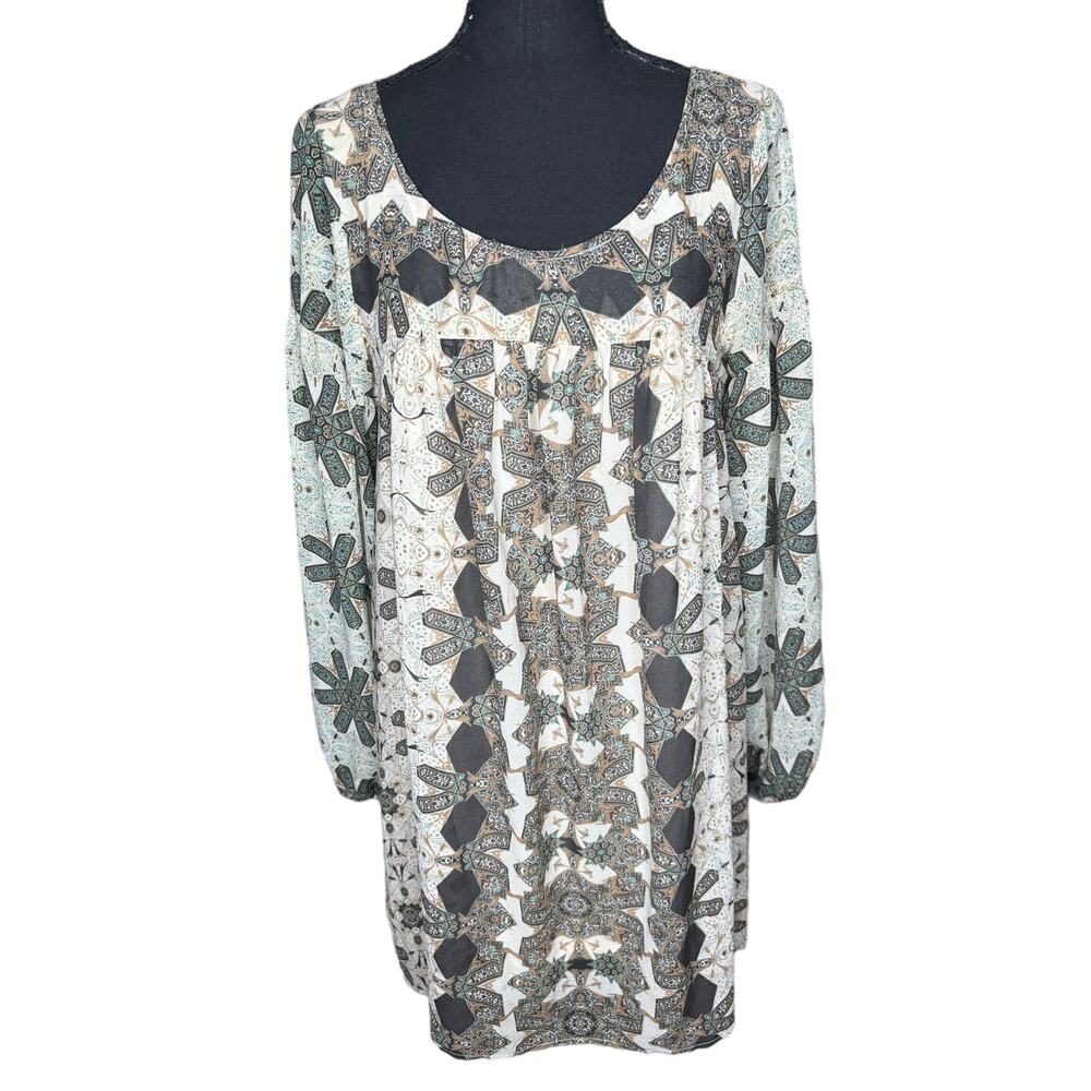 Free People Chiffon Babydoll Mini Dress Boho Cream Brown Floral Long Sleeves S